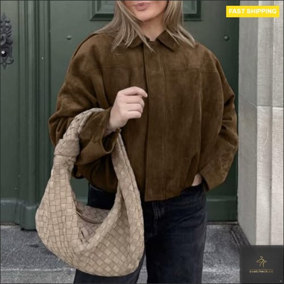 Oversized Faux Suede Bomber Jacket Long Sleeve Zipper Casual Outerwear - Picture 5 of 7